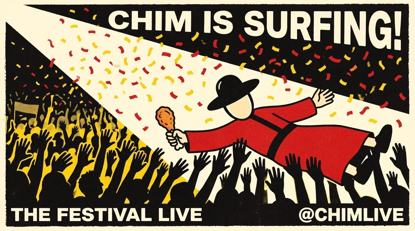 Poster: Chim crowd-surfing at the festival, holding a drumstick